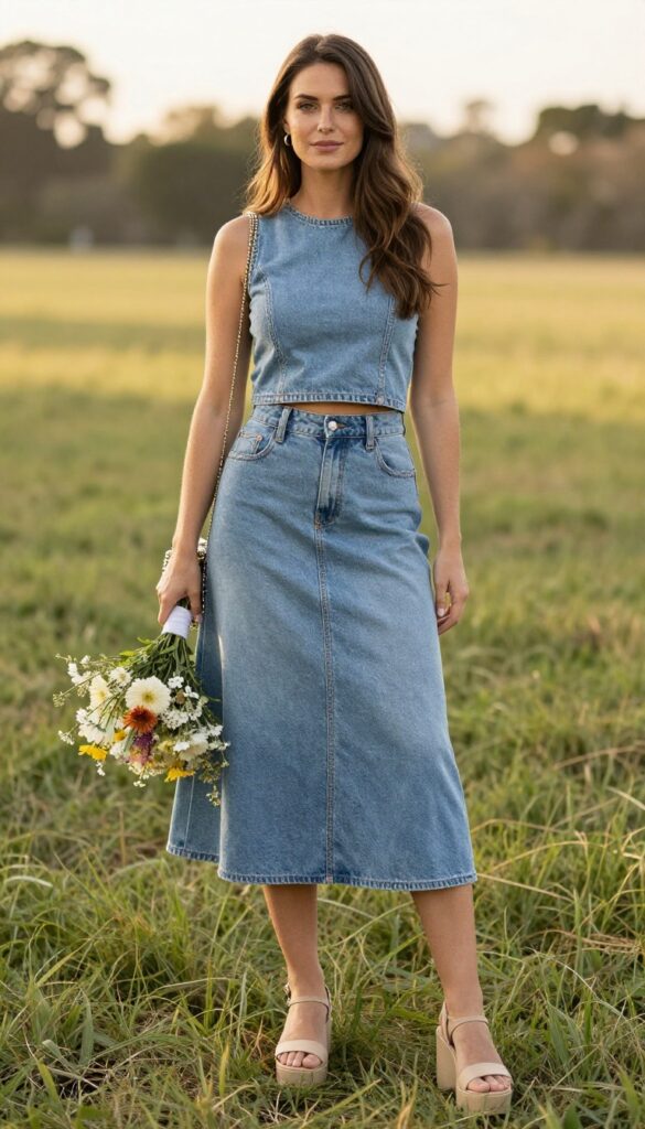 Woman in denim two-piece set with platform sandals at outdoor wedding
