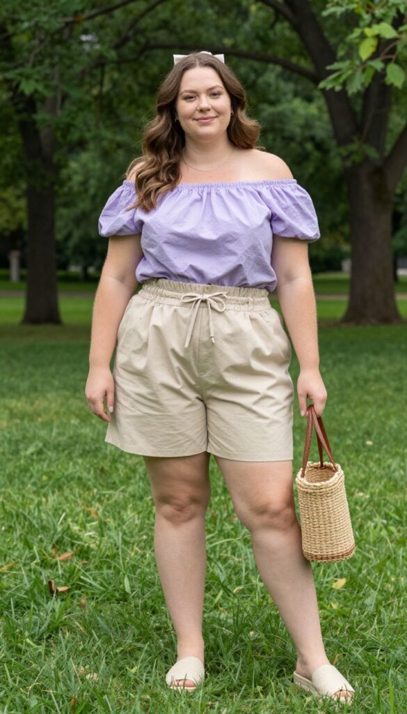 8. Off-Shoulder Top with Paperbag Waist Shorts