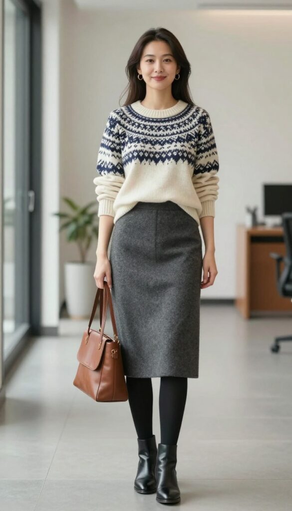 13. Fair Isle Sweater with A-Line Skirt and Tights