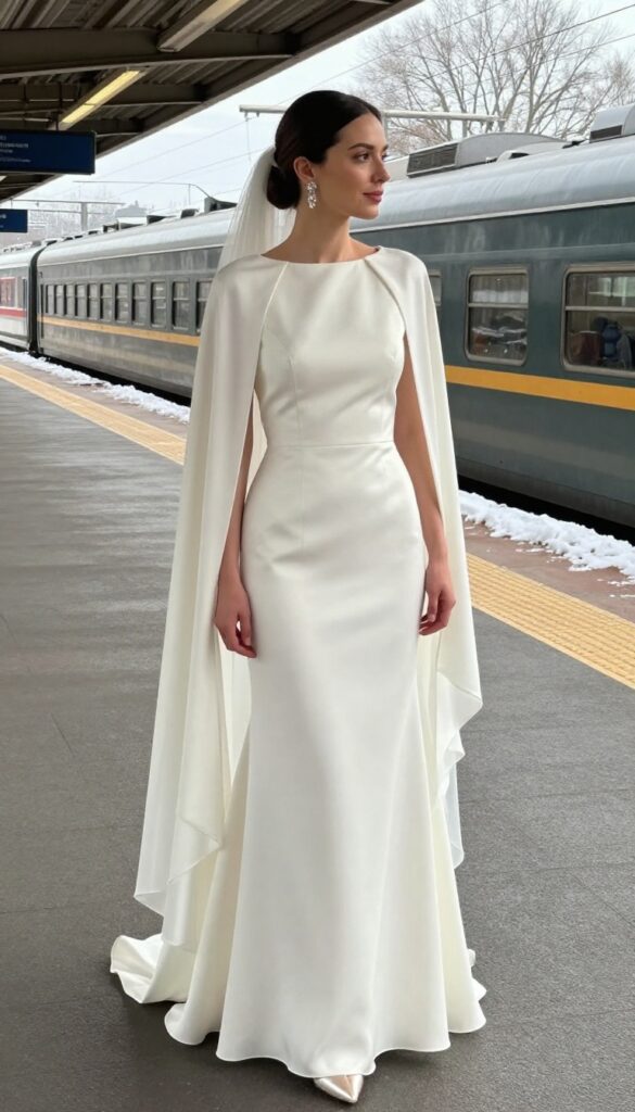 A young woman in a silk crepe wedding gown with a detachable cape veil, standing on a snowy train platform with a bouquet.
