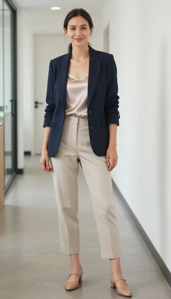 8. Cropped Trousers with a Silk Camisole and Blazer