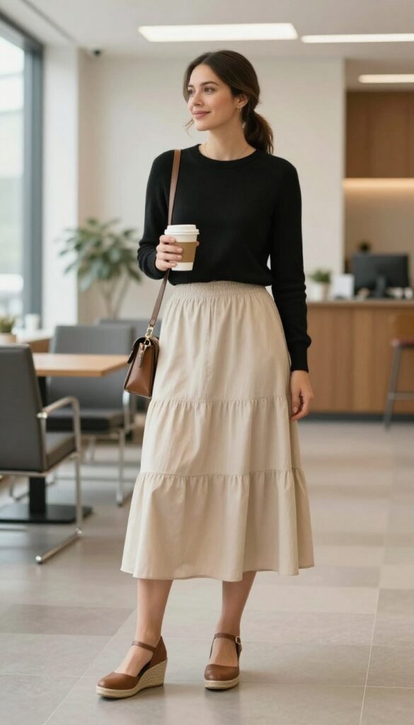 9. Tiered Maxi Skirt + Fitted Knit + Wedges