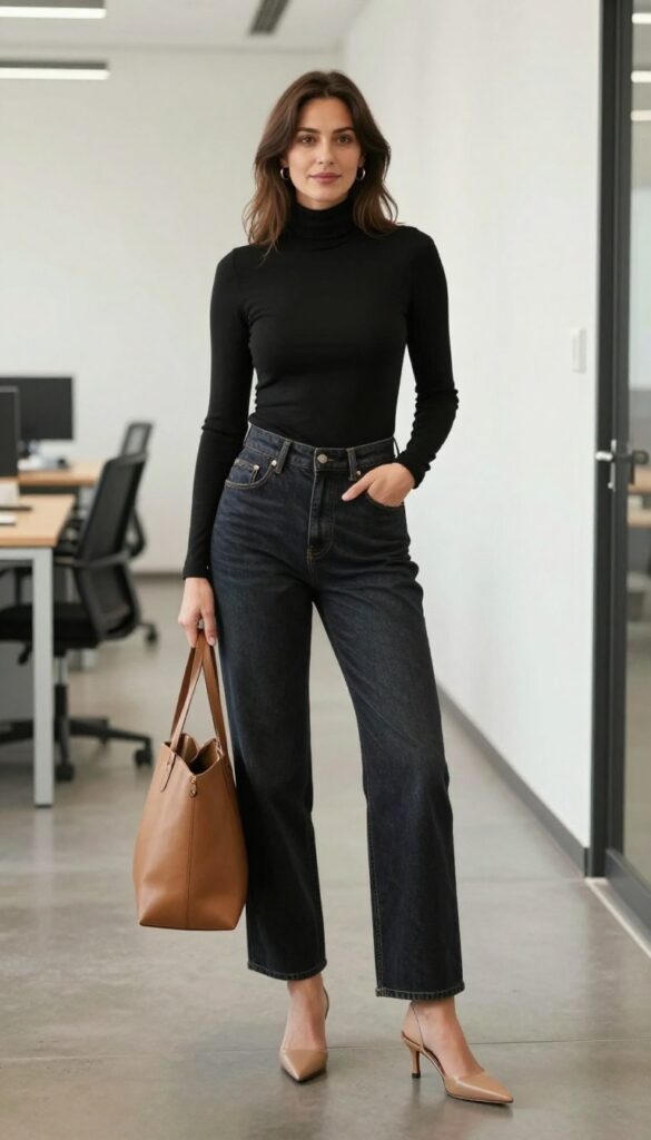 5. Turtleneck + Wide Leg Jeans + Heeled Mules