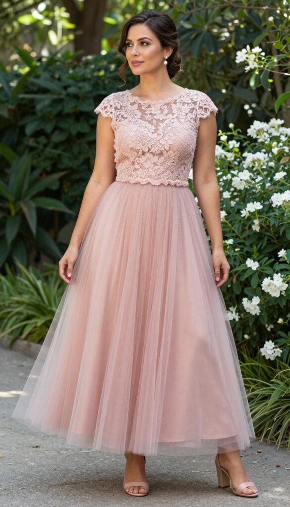 Fair-skinned woman with light brown hair in a loose updo, wearing a blush pink tulle ball gown and lace topper, posing in a sunlit garden.