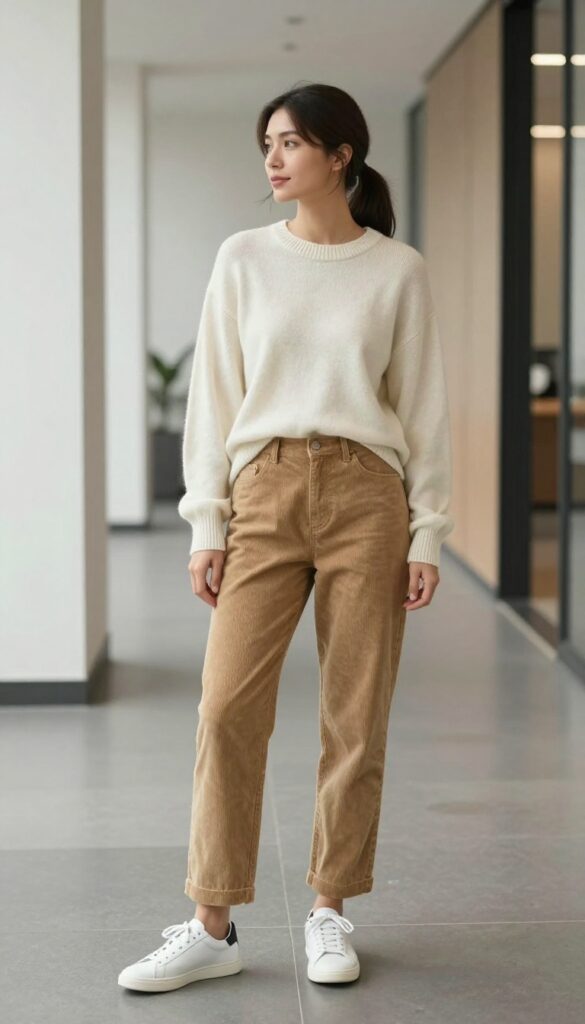 9. Cashmere Sweater + Corduroy Pants + Sneakers