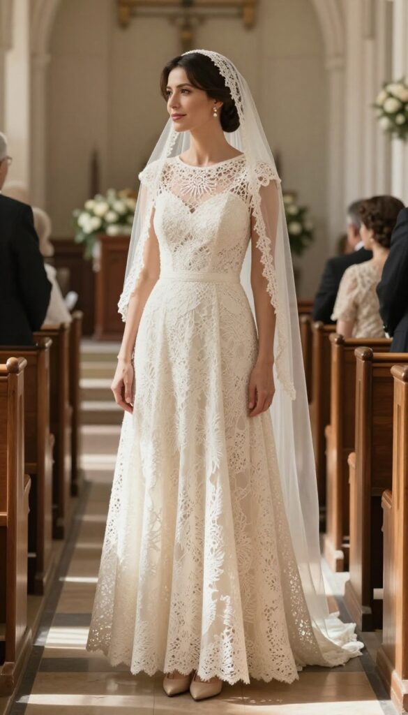 Young adult woman in ivory crochet maxi dress and cathedral-length veil, standing in a sunlit church aisle, romantic bridal look.