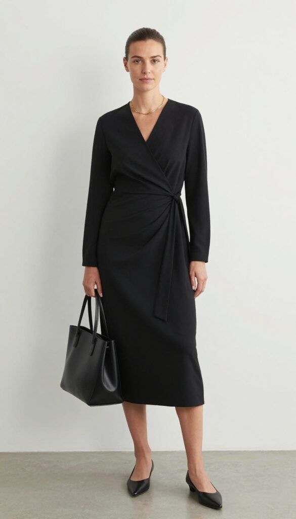 15. Black Wrap Dress with Minimal Accessories