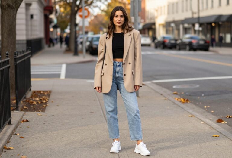 Woman in oversized blazer and mom jeans for baddie fall street style