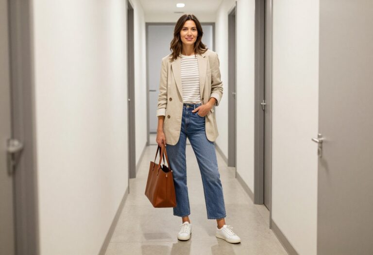 Woman in casual office outfit with blazer, striped tee, jeans, and sneakers