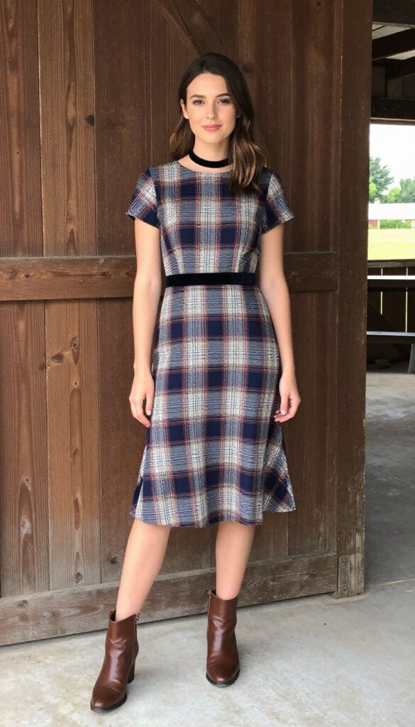 Woman in plaid dress with medieval details, velvet choker, and ankle boots in rustic barn