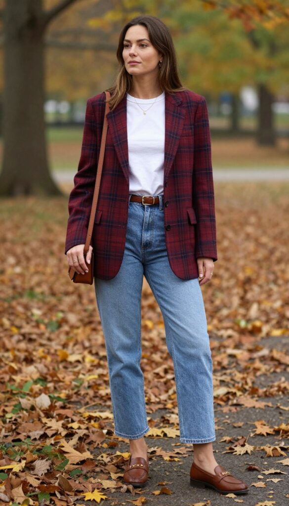 1. Plaid Blazer + White Tee + Straight-Leg Jeans + Loafers