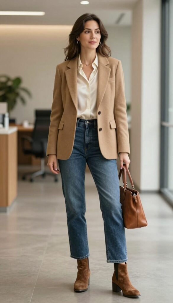 1. The Classic Blazer + Dark Denim + Ankle Boots