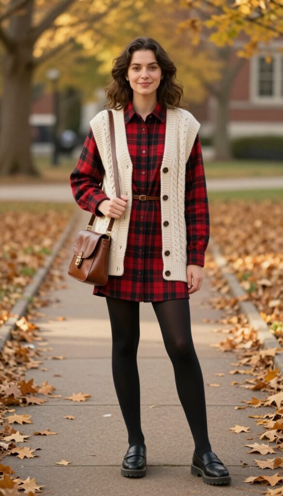 5. Plaid Shirt Dress + Knit Vest + Tights + Lug Sole Loafers