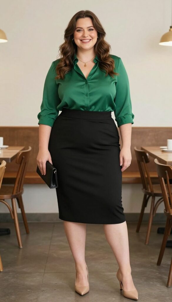 6. Silk Blouse + A-Line Skirt + Kitten Heels