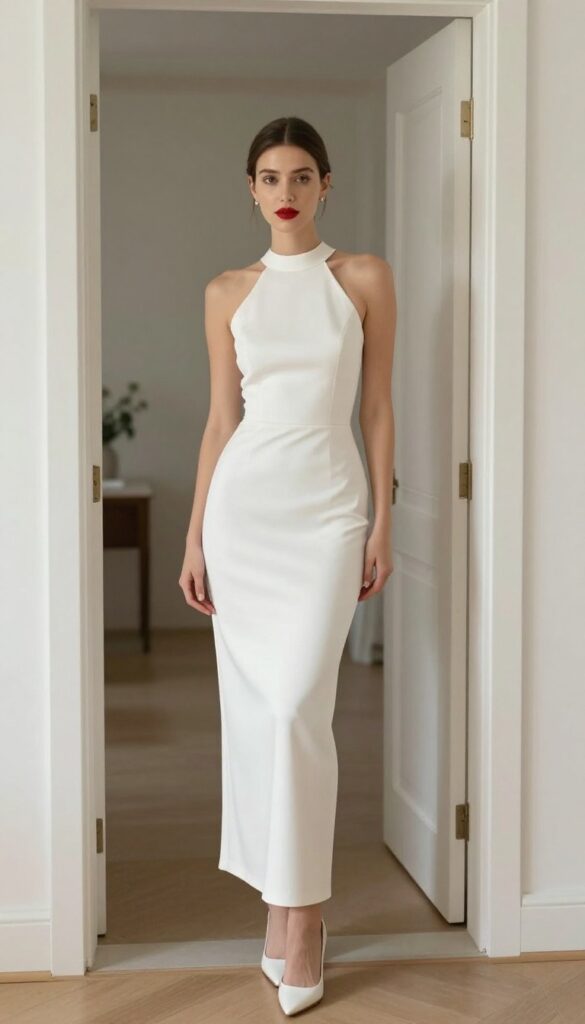 Young woman in white sheath wedding dress with high neck and keyhole back, standing in chapel doorway
