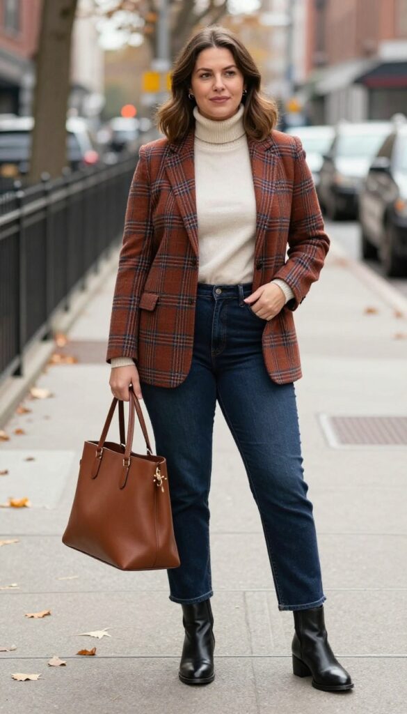 2. Plaid Blazer over a Turtleneck and Jeans