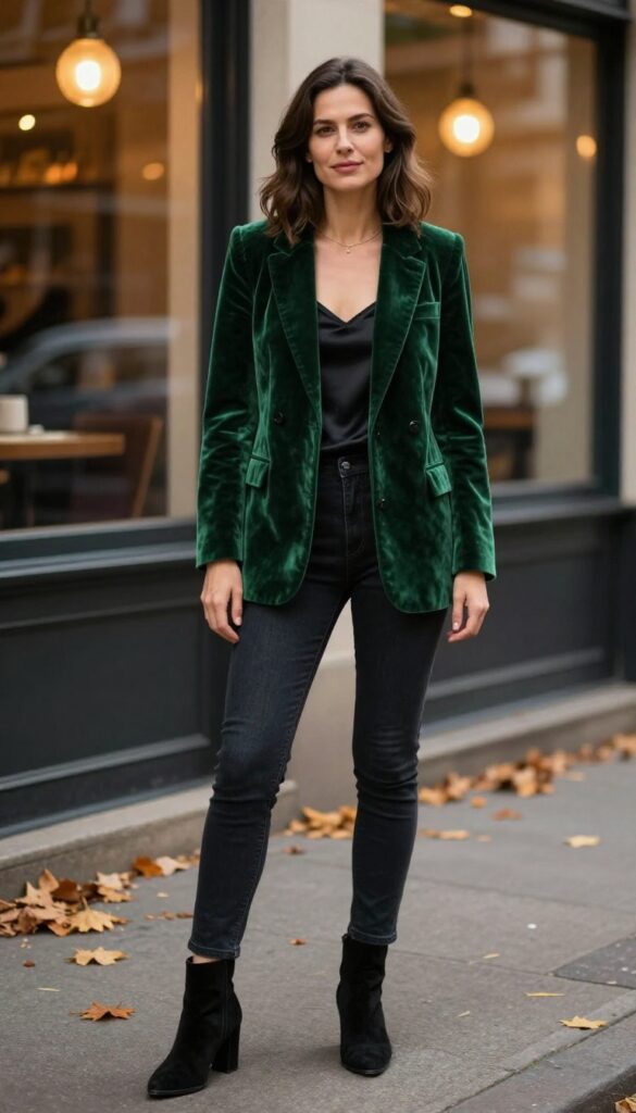 14. Velvet Blazer with a Silk Camisole and Dark Wash Jeans