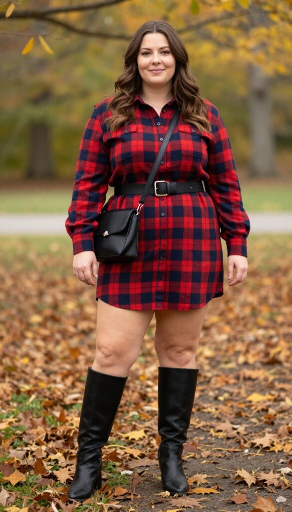 5. Plaid Shirt Dress with Ankle Boots