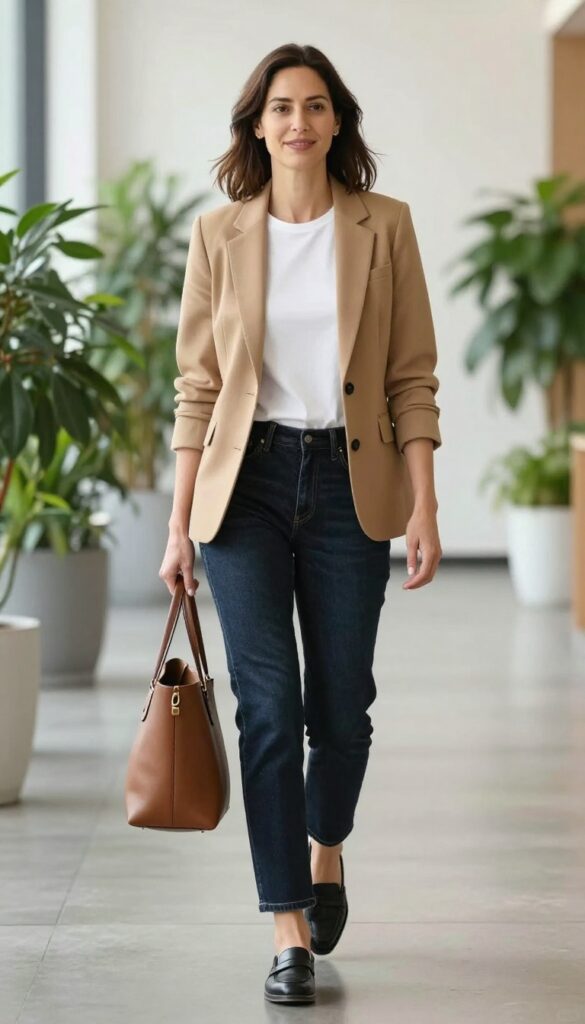 1. Camel Blazer + White Tee + Straight-Leg Jeans