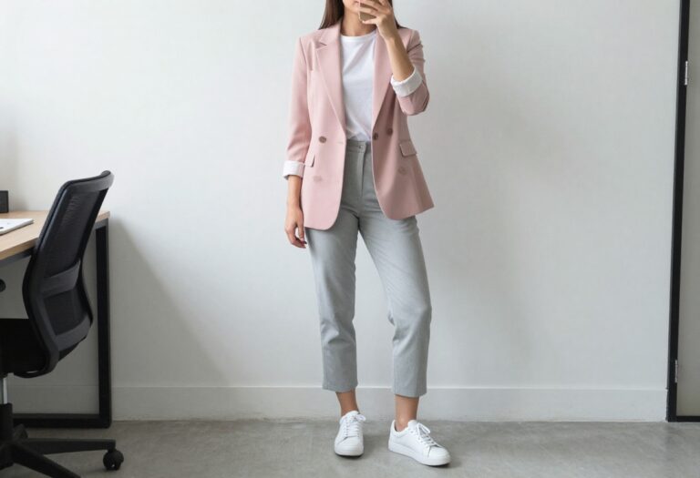 Woman in pastel pink blazer and cropped trousers in a bright office