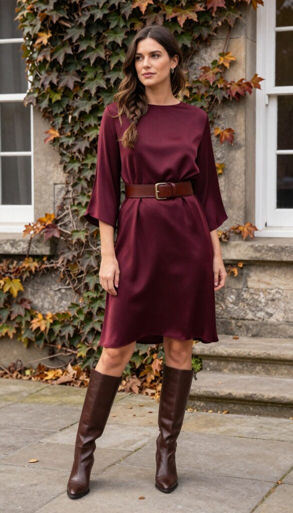 Woman in burgundy silk tunic dress with wide leather belt and knee-high boots in stone courtyard