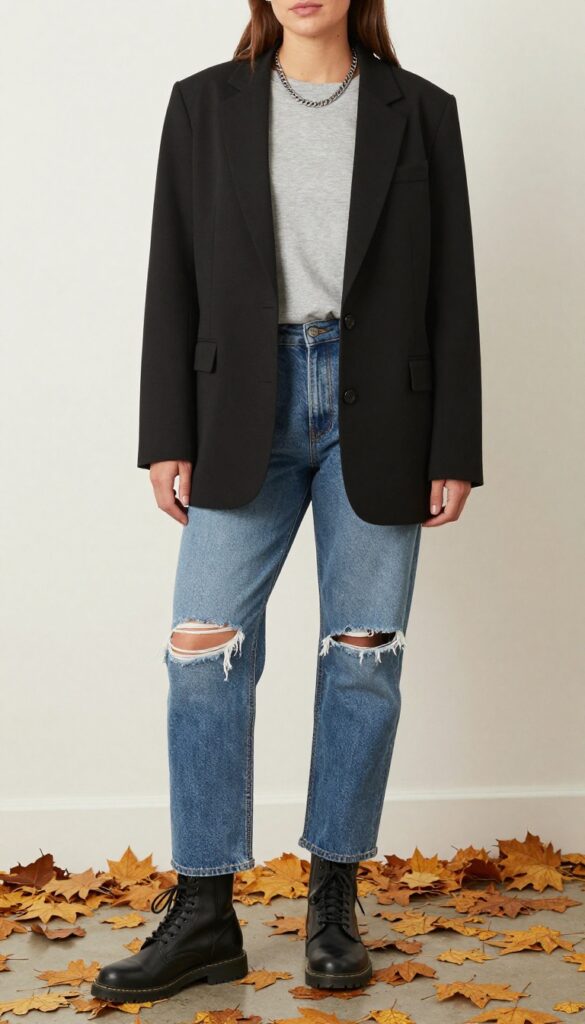 1. Oversized Blazer + Band Tee + Ripped Jeans + Combat Boots