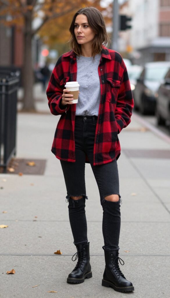 1. Plaid Shirt Over Band Tee with Ripped Jeans and Combat Boots
