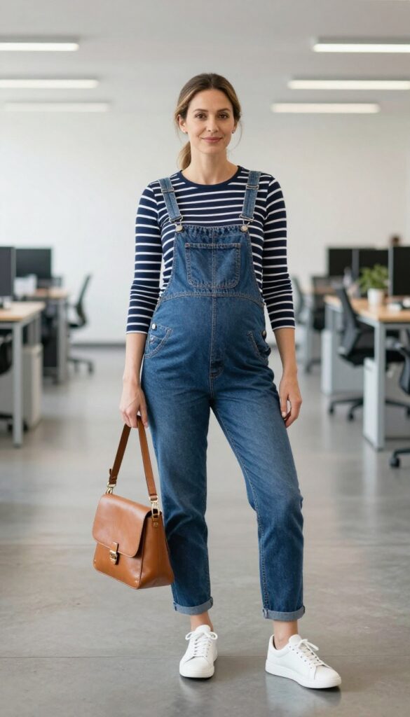 4. Overalls with a Striped Long-Sleeve Top