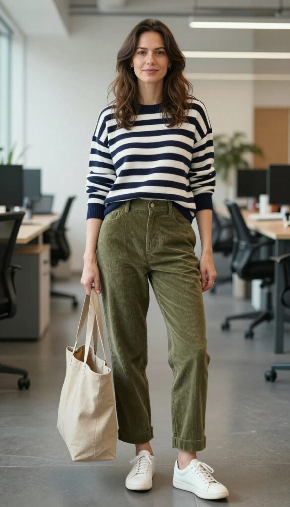 7. Striped Sweater + Corduroy Pants + Sneakers