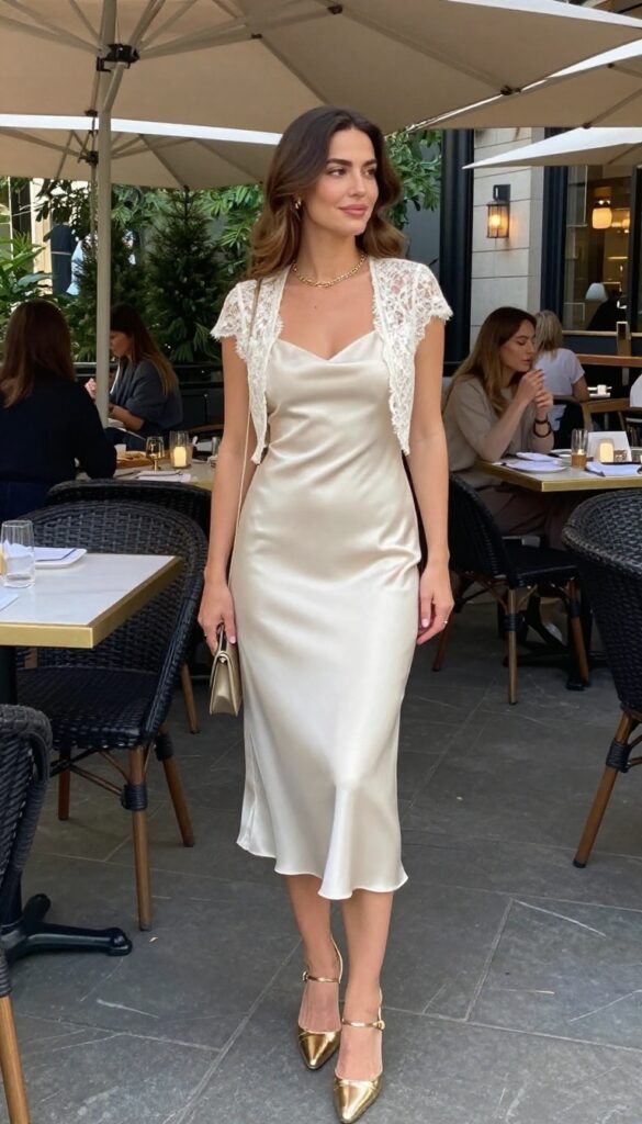 Woman in ivory satin cap sleeve dress with lace bolero and strappy gold heels, standing on patio at dusk.