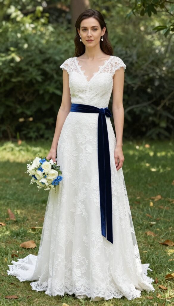 Bride in white lace gown with deep blue velvet sash, pearl earrings, and blue-and-white bouquet in sunlit garden