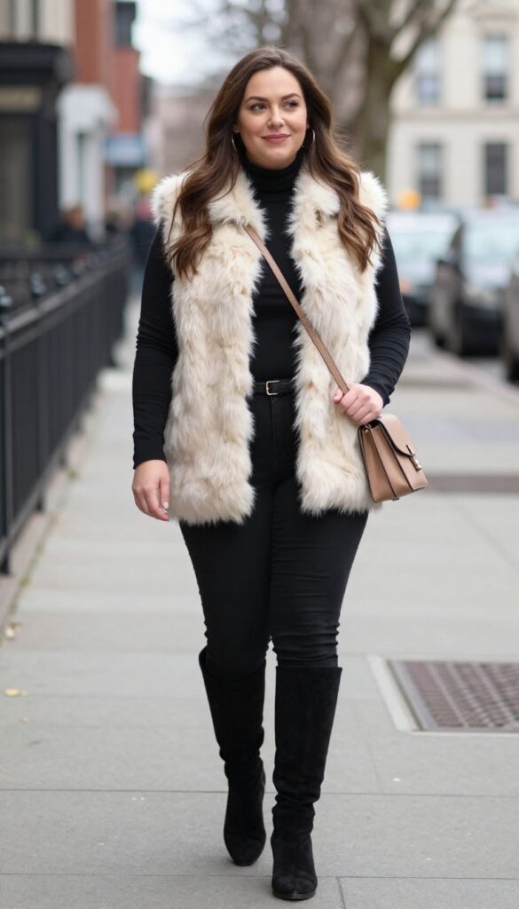 5. Faux Fur Vest with a Turtleneck and Skinny Pants