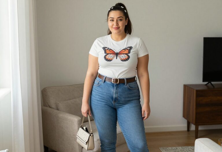 Plus size woman in Y2K outfit with butterfly tee, low-rise jeans, and platform sneakers