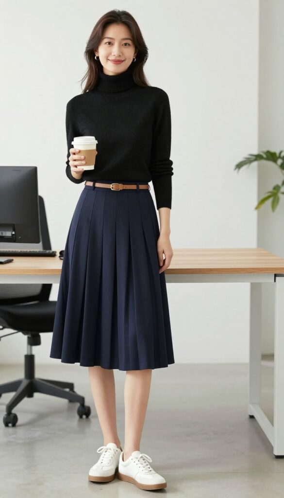 4. Turtleneck + Pleated Midi Skirt + Sneakers