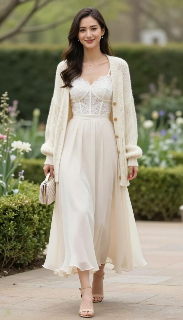 Woman in white corset top and high-low skirt with oversized cardigan in sunny garden