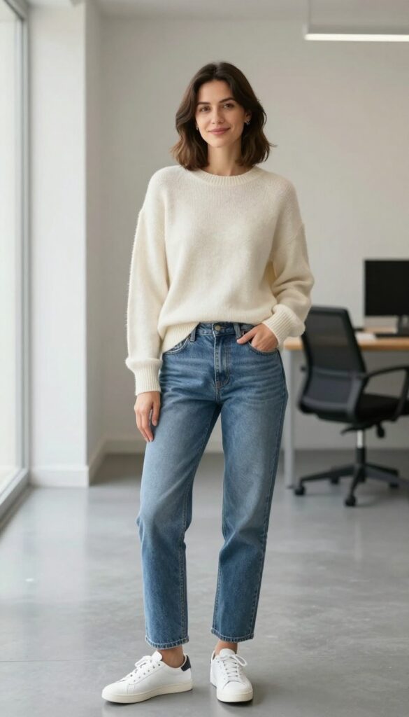 9. Cashmere Crewneck + Mid Wash Jeans + White Sneakers