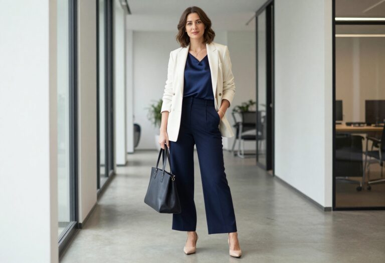 Woman in cream blazer and navy trousers standing in office hallway