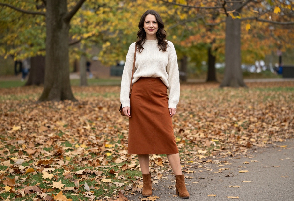 Woman in cream sweater and rust midi skirt standing in autumn park