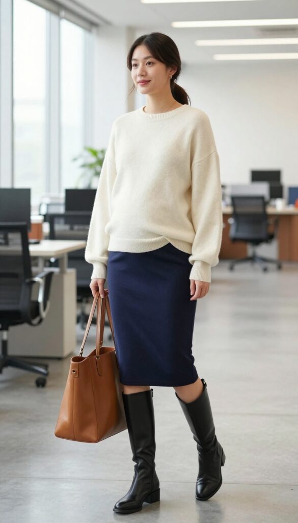 11. Soft Sweater with a Maternity Skirt and Knee-High Boots