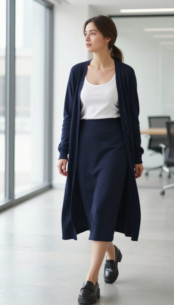 7. Cardigan + Slip Skirt + Platform Loafers