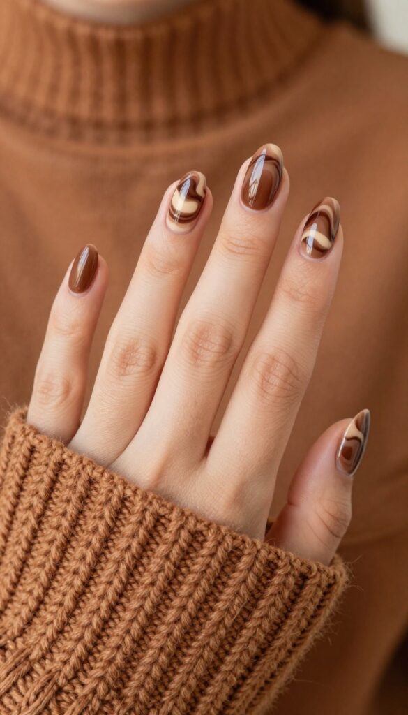 Short almond nails with mocha swirl design, showing brown and beige hand-painted swirls on a glossy finish, perfect for fall.