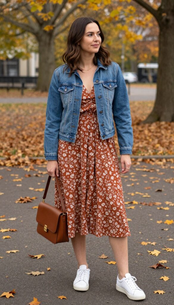 2. Denim Jacket + Midi Dress + Sneakers
