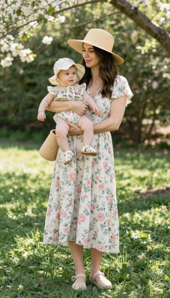 2. Floral Midi Dress and Baby Romper