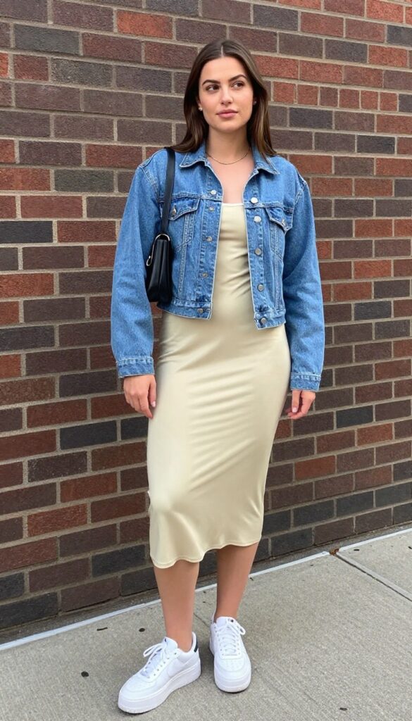 4. Denim Jacket + Midi Slip Dress + Chunky Sneakers