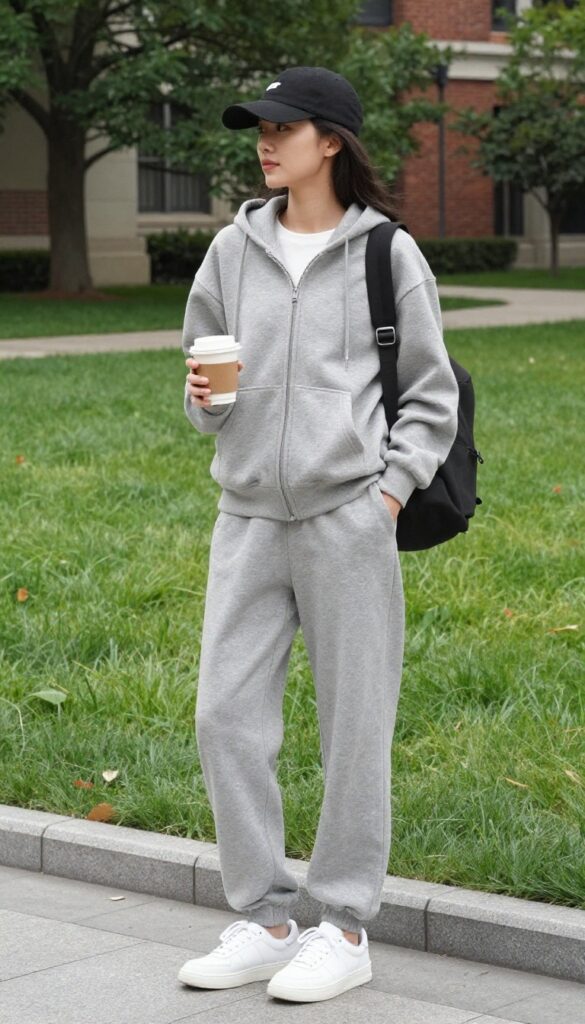 8. Matching Sweatsuit Set + White Sneakers + Baseball Cap