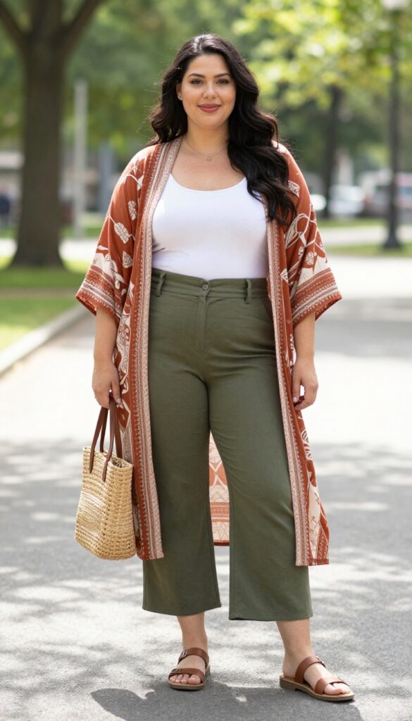 11. Open-Front Kimono + Tank Top + Cropped Flare Pants + Sandals