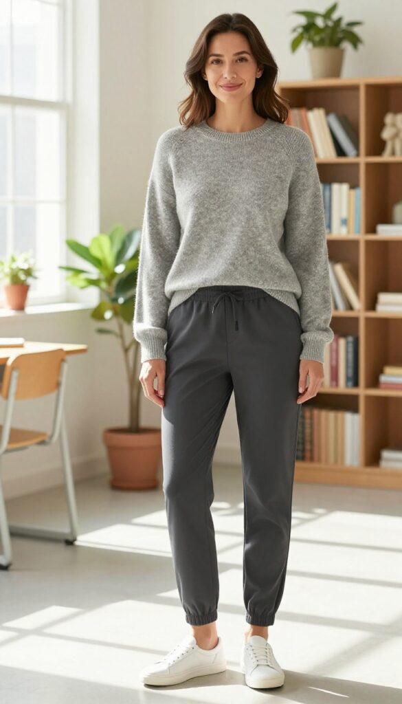 11. Cashmere Blend Sweater with Tailored Joggers and Slip-Ons