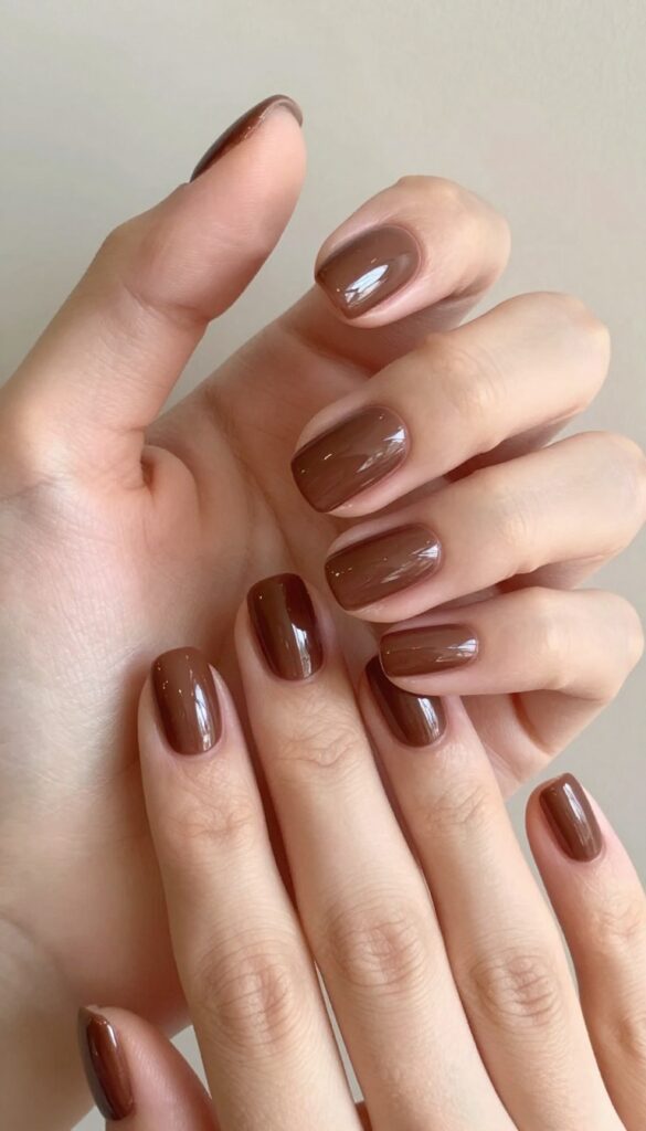 Chocolate brown glossy nails on short rounded nails with a mirror shine, warm fall manicure