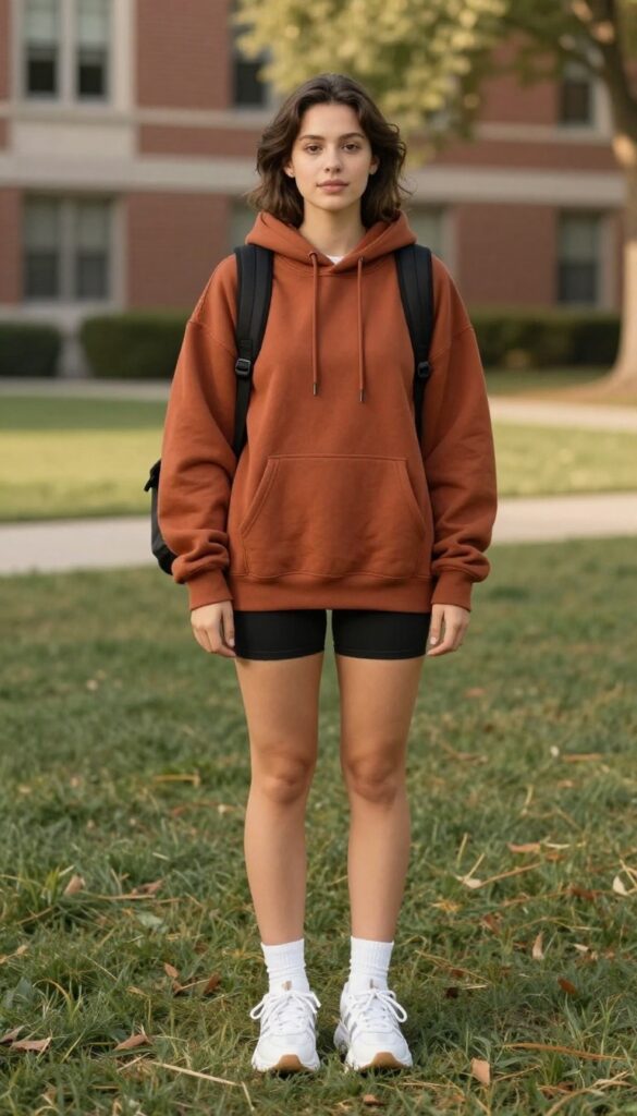 3. Oversized Hoodie + Bike Shorts + Dad Sneakers