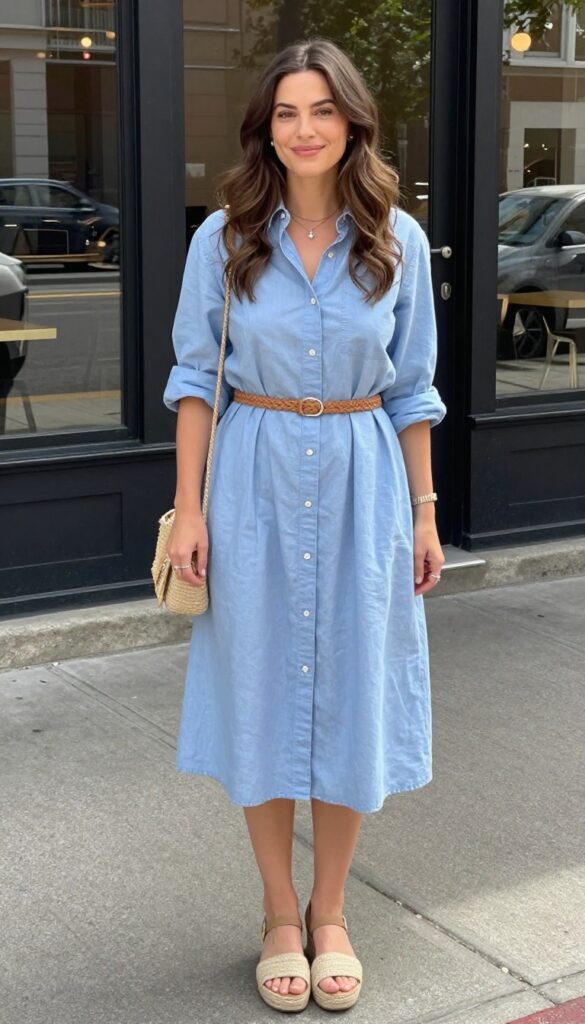 8. Chambray Shirt Dress with a Woven Belt and Espadrille Wedges